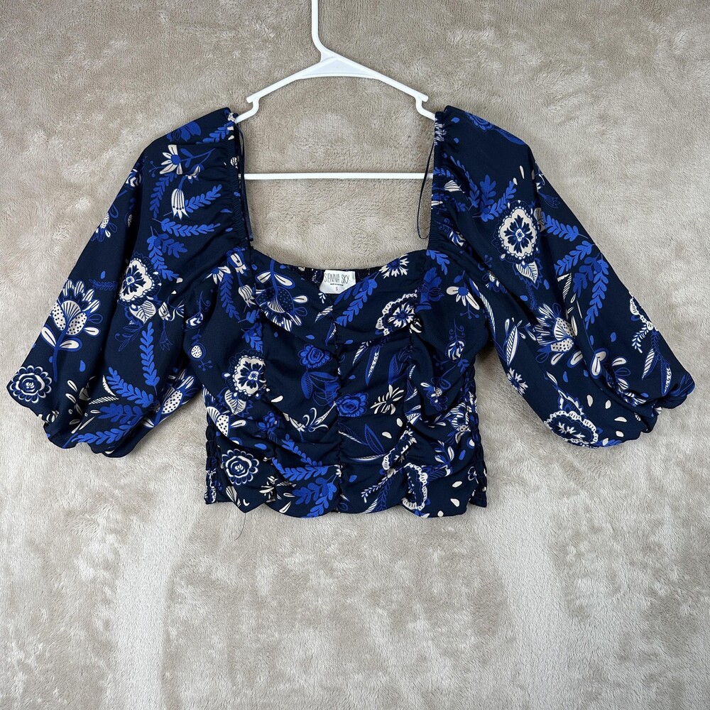 Floral Crop Shirt Womens Small Blue Puff Sleeve Square Neck Ruched Top